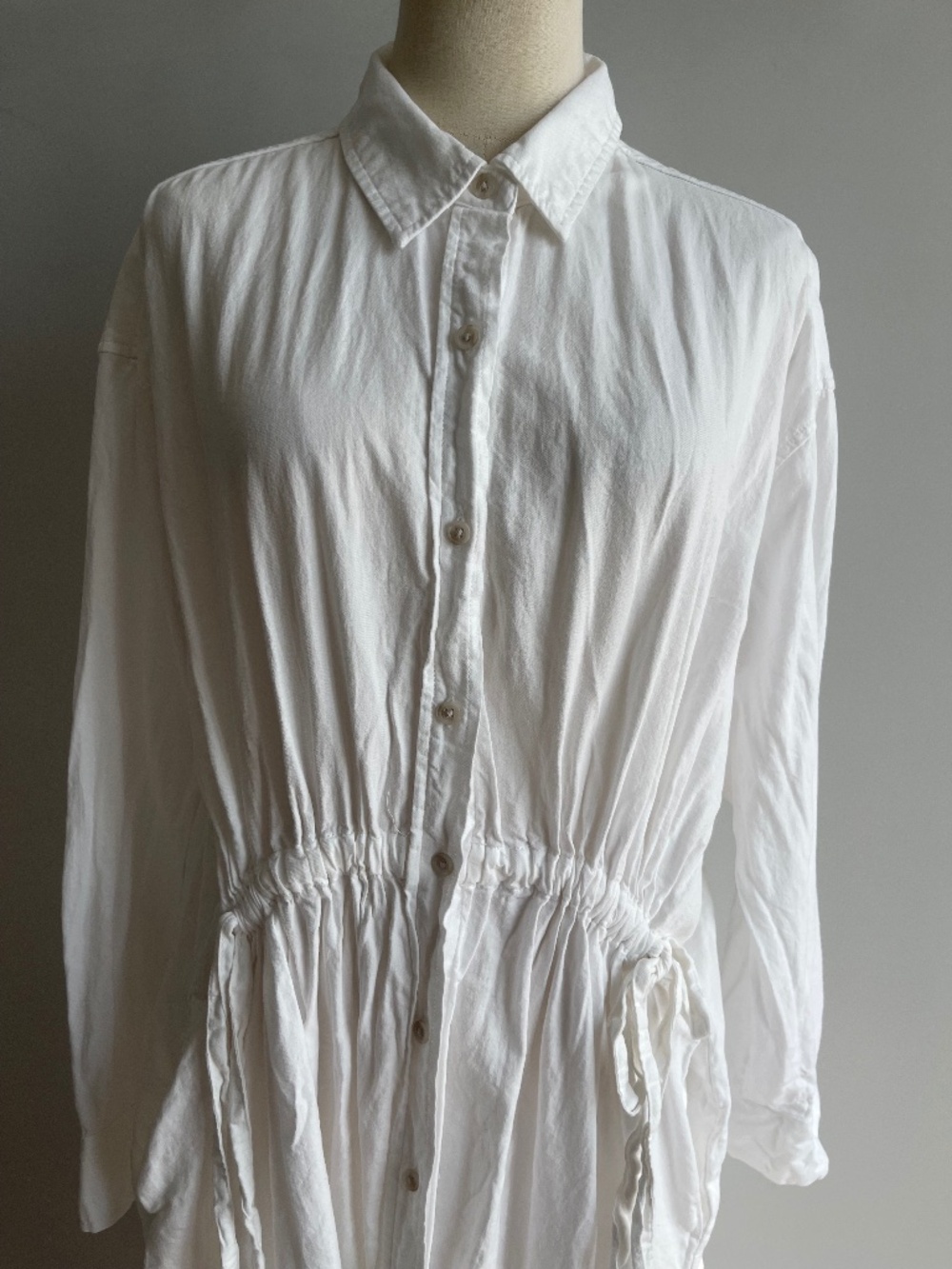 Universal Thread White 100% Cotton Shirt Dress L Drawstring Waist Pockets Maxi
